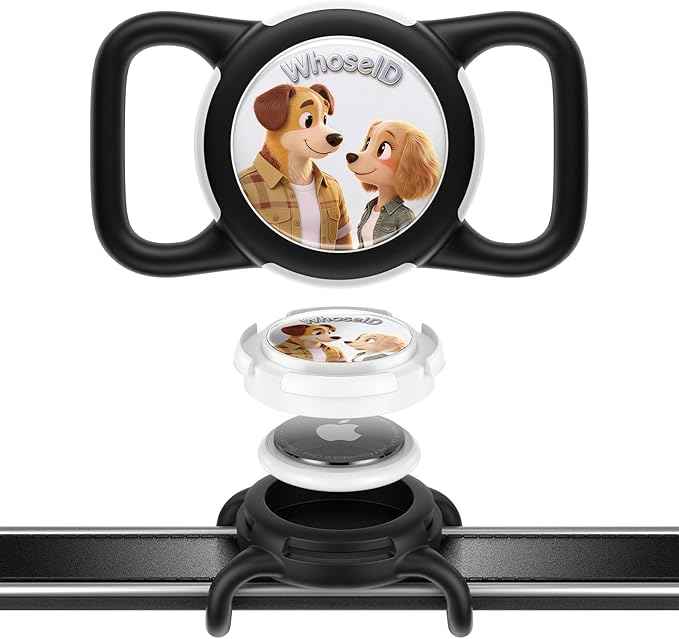 Dog AirTag Holder for Dog Collar, Soft Silicone Slide-On Case for Apple AirTag, No-Dangle Quiet Protective Holder with Eye-Catching Pet Character Designs, Black-Pawsome Pair