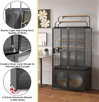 GDLF 72-Inch Bird Cage with Play Top, Parakeet Cage with Rolling Storage Cabinet Extra Large with Cover for Parrot, Cockatiel, Budgie, Parrotlet, Green Cheek Conure