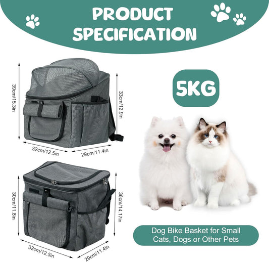 Qivine Dog Bike Basket, Oxford Cloth Dog Basket for Bike with Adjustable Mesh Windows, 11 Lbs Portable Dog Carrier for Bike with Widen Shoulderpad, Bicycle Basket Bag for Dogs and Cats - Pawvie