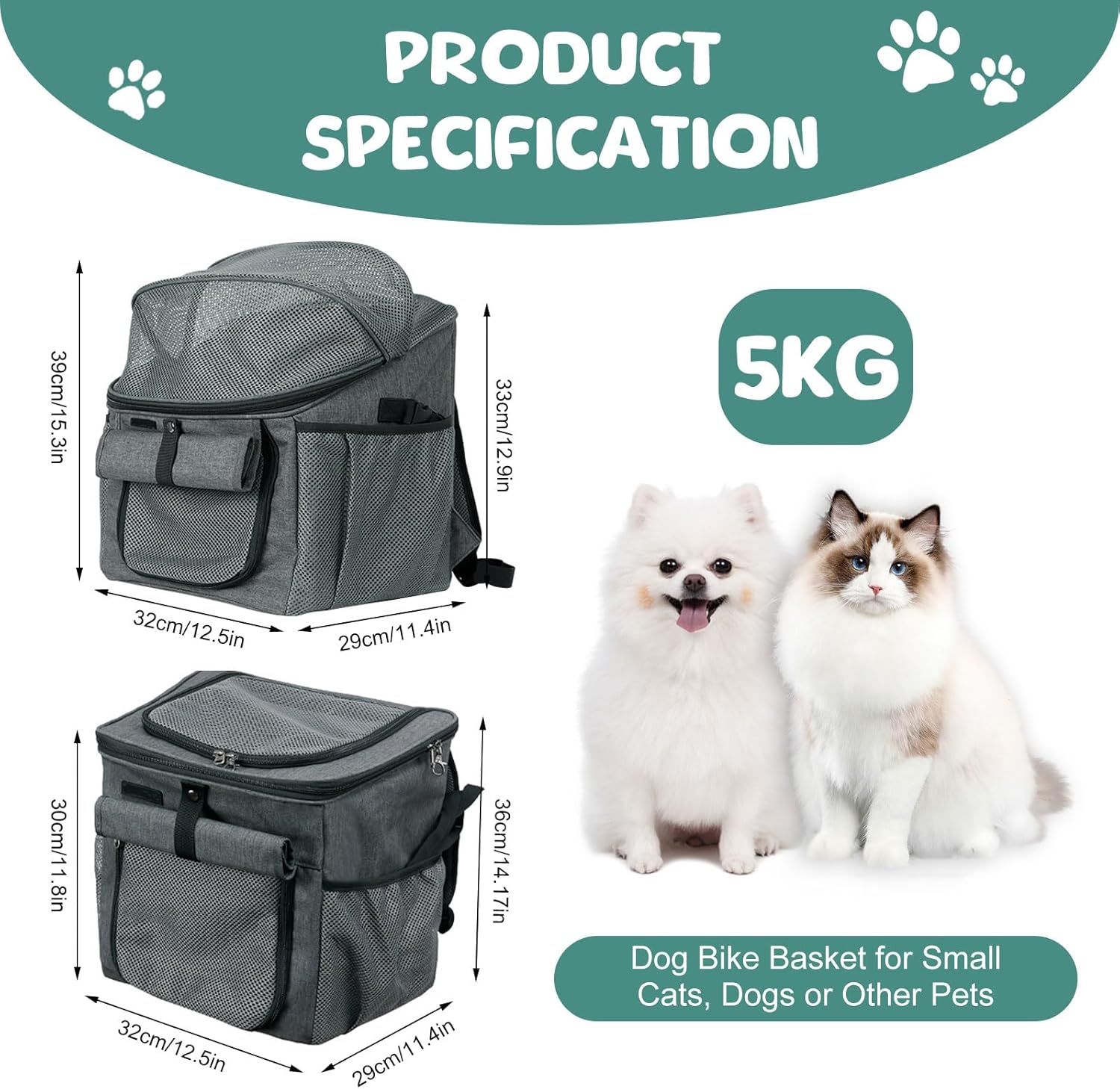 Qivine Dog Bike Basket, Oxford Cloth Dog Basket for Bike with Adjustable Mesh Windows, 11 Lbs Portable Dog Carrier for Bike with Widen Shoulderpad, Bicycle Basket Bag for Dogs and Cats - Pawvie