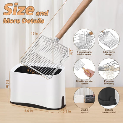 Metal Cat Litter Scoop with Holder, Poop Scooper with Stand and 2 Rolls of Garbage Bags, Heavy Duty Stainless Steel Shovel with Wooden, Quick Sifter for Easy Cleaning (Long handle-9.8" with Holder)