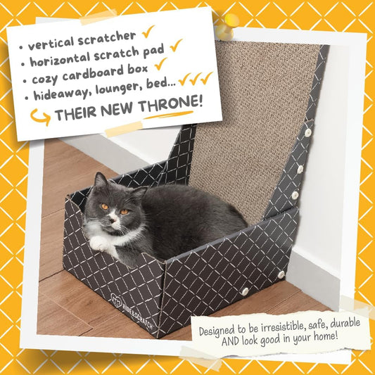 HIDE & SCRATCH 26" L Shaped Cat Scratcher Box and Cat Bed with Double-Sided Cardboard Cat Scratch Pad