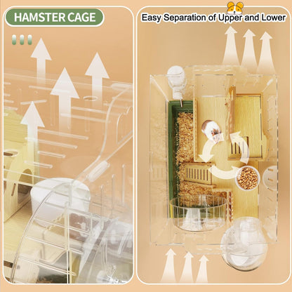 8 in 1 Clear Acrylic Hamster Cage with All Accessories,13.5''L* 10''W* 13''H Dwarf Hamster Cage,Small Hamster Habitat,Garden Style Mouse Cage for Pet Mice,Hamster Enclosure with Stairs(1-Layer)