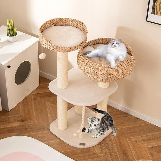 PETSITE 41 Inch Modern Cat Tree for Indoor Cats, Multi-Level Cute Cat Tree with Scratching Posts, Hand-Made Wicker Cat Condo & Top Perch, Dangling Ball, and Sisal Rope, Beige