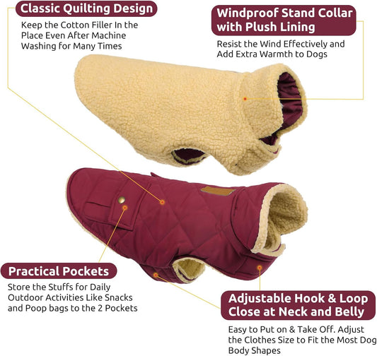 Queenmore Dog Winter Coat Warm Puffer Jacket Waterproof Plush Lining Thermal Cold Weather Vest for Small Medium Large Dogs, Windproof Easy On Pet Jacket Burgundy S