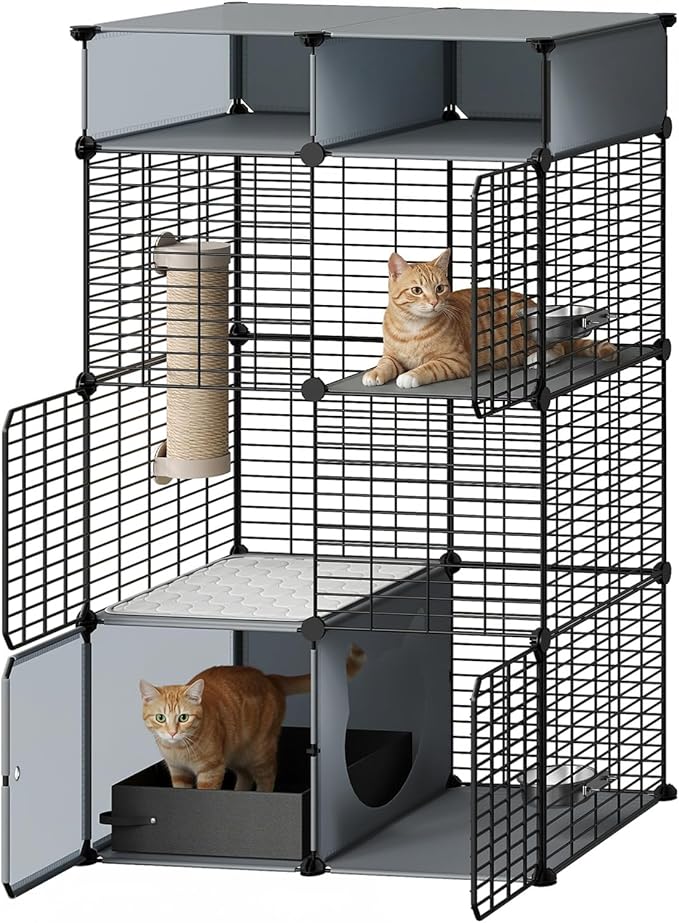 HOOBRO Cat Cage with Litter Box, 3 Tier Indoor Cat Enclosure Playpen with Storage, Food Bowls and Scratching Post, Detachable Metal Wire Kennel Crate, 27.6" L x 17.7" W x 48.8" H, Black and Grey
