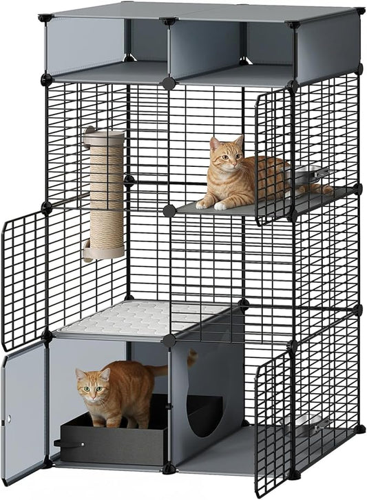 HOOBRO Cat Cage with Litter Box, 3 Tier Indoor Cat Enclosure Playpen with Storage, Food Bowls and Scratching Post, Detachable Metal Wire Kennel Crate, 27.6" L x 17.7" W x 48.8" H, Black and Grey