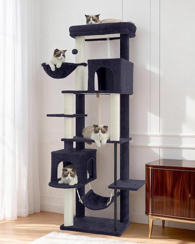 Cat Tree for Indoor Cats Large Adult, 70.5'' Cat Tower with Scratching Post, Sturdy Steel Pube Cat Tree Tower with Large Playing Platfrom, Hammock and Basket, Top Perch, Drak Gray GCT024G