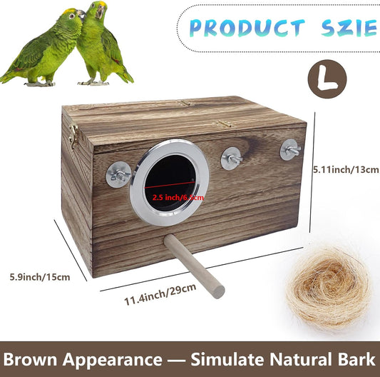 kathson Parrots Nesting Box Parakeet Nest House for Cage Budgie Breeding Hut with Coconut Fiber Bedding Wooden Bird Mating Box for Lovebirds Budgie Conure Cockatoo Cockatiel and Small Medium Parrots