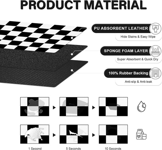 Pet Feeding Mat, 16"x 24" Absorbent Dog Food Mat, Checkered Cat Bowl Mats, Easy to Clean Pet Placemats, Quick Dry Dog Water Dispenser Mats for Messy Drinkers, Black & White