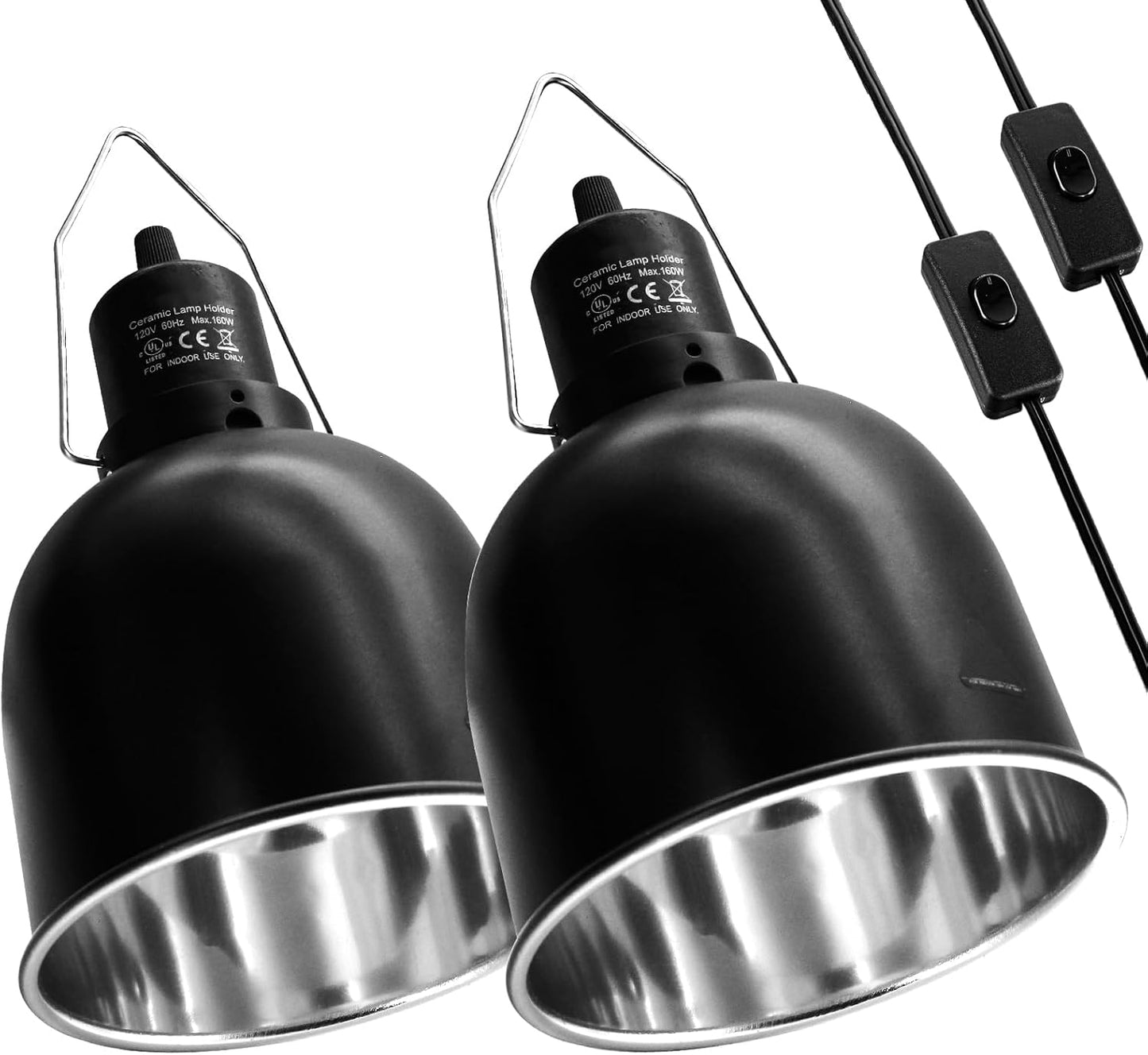 Reptile Light Fixture, 2 Packs 5.5 Inch Deep Dome Lampshade Dimmable, Reptile Heat Lamp Fixture with Separate Switches Fit for UVB Bulb Basking Heat Bulb for Reptile Glass Terrariums