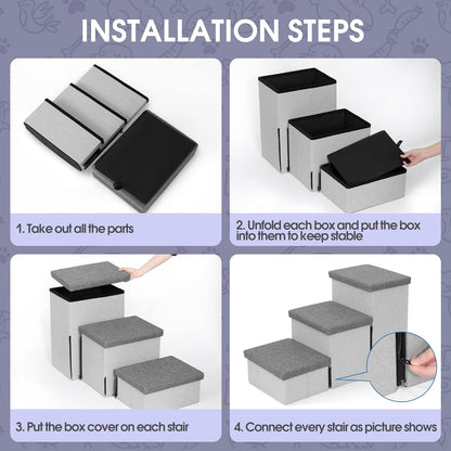 Heeyoo Dog Stairs with Storage, Foldable Dog Steps for Small Dogs, 3 Tiers Non-Slip Pet Stairs for High Beds Or Couch and Sofa, Hold up to 200 lbs Pet Cat