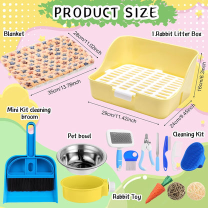 15 Pcs Rabbit Starter Kit Small Rabbit Litter Box Animal Grooming Kit Bunny Toys Bowl Blankets with Cleaning Set for Guinea Pig Accessories(Blue)