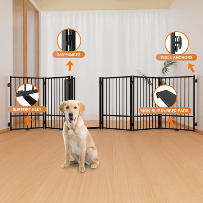 Full Metal Freestanding Dog Gate with Door, 32''Height Foldable Pet Dog Fence for Indoor & Outdoor, 6 Panels Extra Wide Free Standing TallDog Gates for Doorways,House,Stairs,Porch,Deck,Yard
