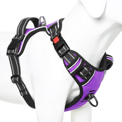 Timos Dog Harness Medium Sized, No Pull with Neck Lockable Snap,No Choke Front Clip Dog Reflective Harness,Adjustable Metal Rings 3 Buckles,Easy Control Handle for Medium Dogs Purple M