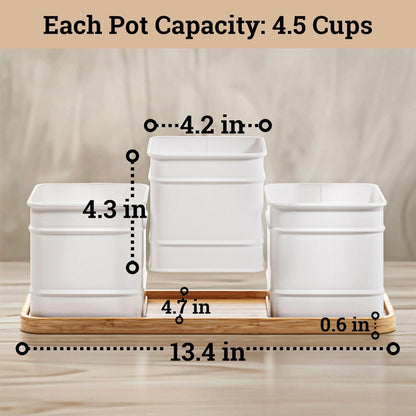 Herb Planter Indoor - 3 Iron Herb Pots with Drainage Holes, Varnished Bamboo Tray, Customizable Labels & Marker Pen - Indoor Herb Garden Planter - 3 Pots for Herbs - Inside Spice Garden - Basil Pot