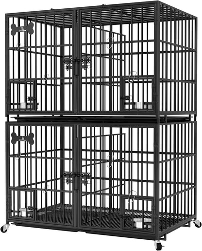 aboxoo 42 inch Stackable Heavy Duty Metal Dog Crate for 4 Dogs/Large Dog,All Metal Open Top Access,Escape Proof Cage,Dog Kennel Indoor with Wheels,Floor Grid, Tray, Divider and Feeding Bowl