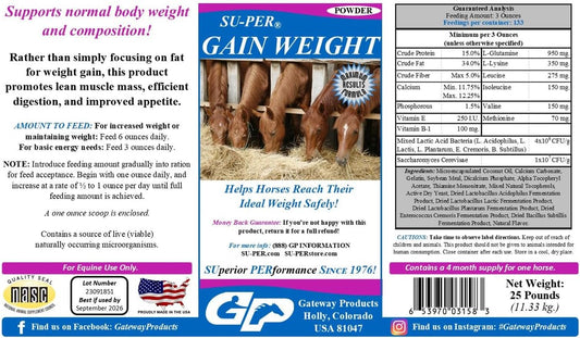 SU-PER Gain Weight for Horses - Equine Supplement Weight Gainer for Horses - Promotes Lean Muscle Mass, Digestion & Appetite - 25 Pound, 4 Month Supply