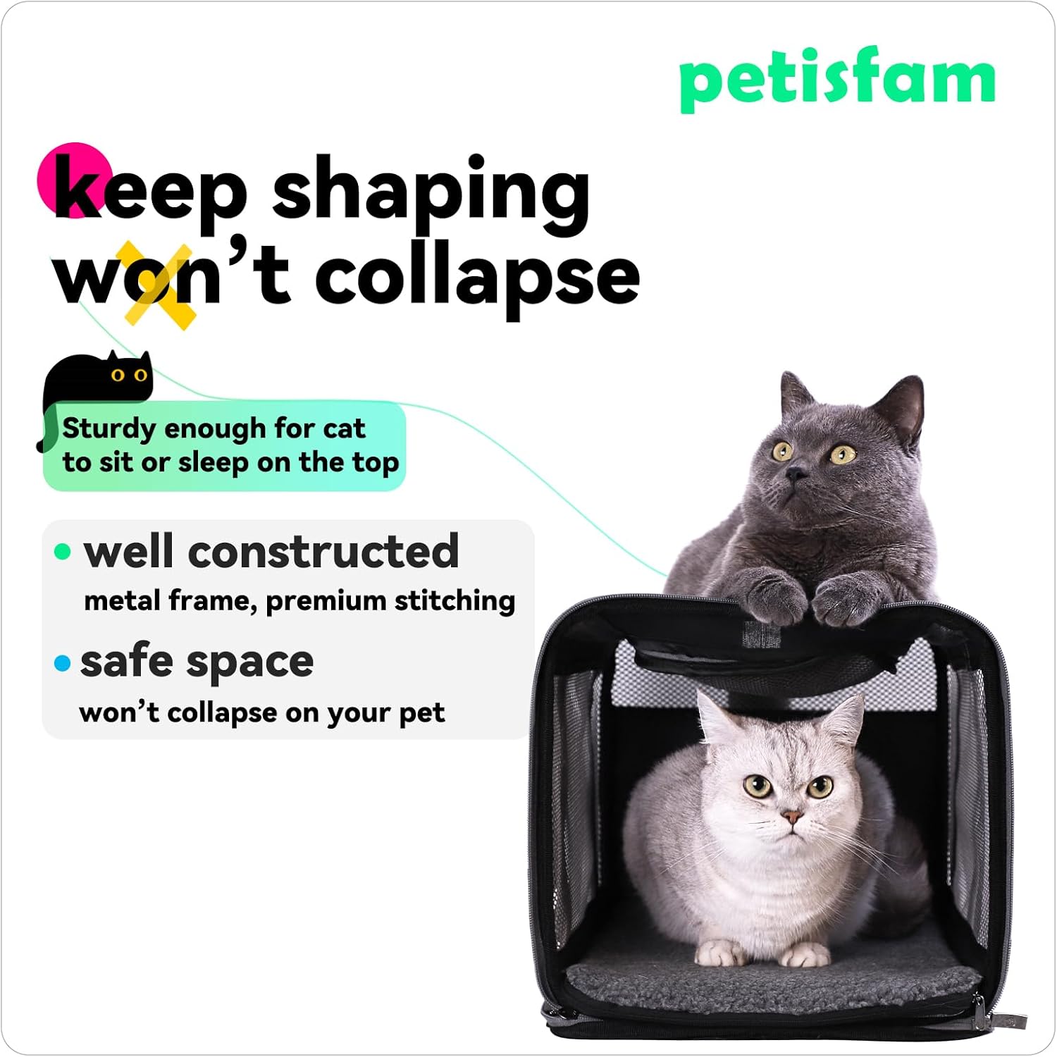 petisfam Easy Load Pet Carrier for Large, Medium Cats, 2 Cats and Small Dogs with Comfy Bed. Easy to Get Cat in, Escape Proof, Easy Storage, Washable, Safe and Comfortable for Vet Visit and Car Ride - Pawvie
