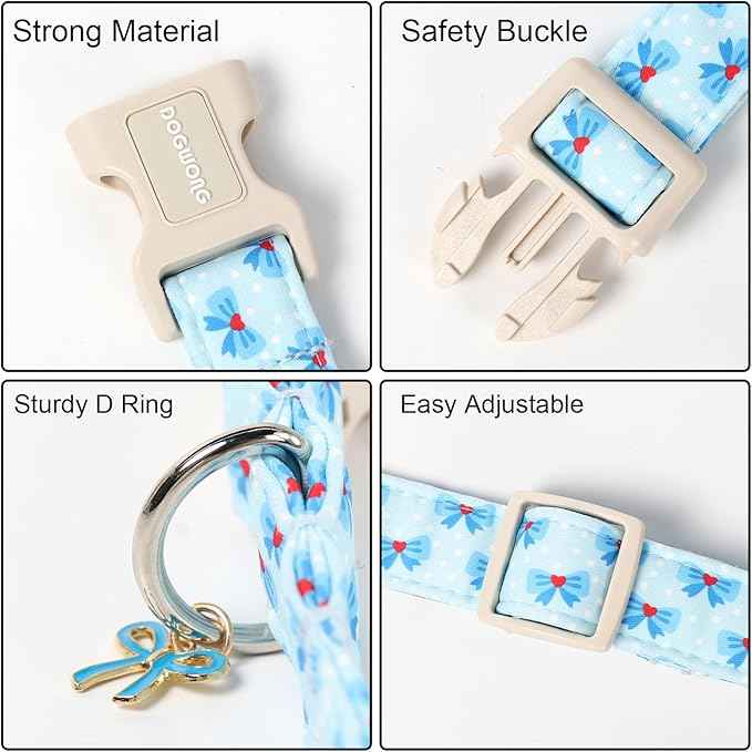 DOGWONG Blue Dog Collar, Cute Blue Boy Dog Collar Adjustable Soft Male Female Pet Dog Collar Bowtie Printed Puppy Collars for Small Dogs
