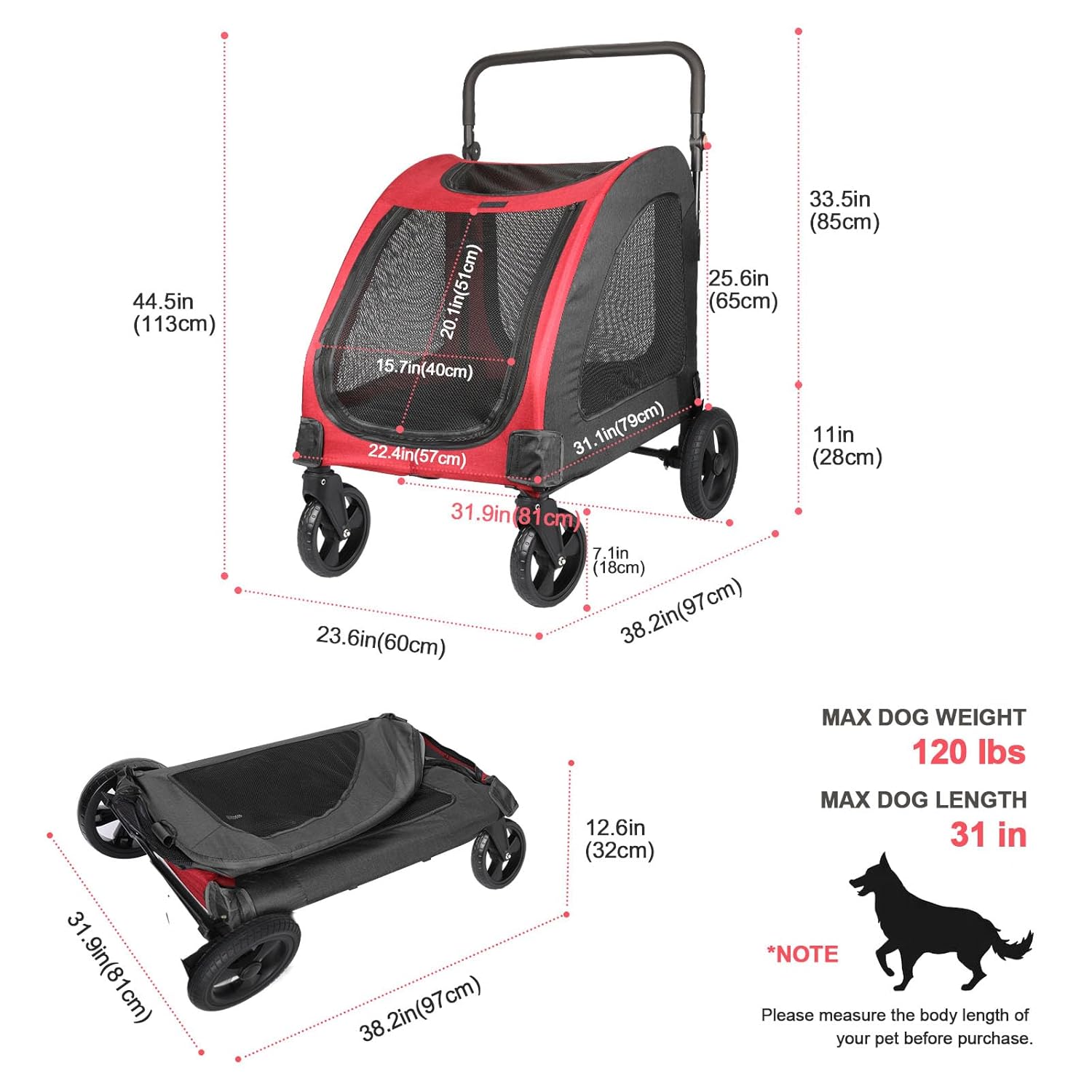Large Dog Travel Stroller with 4 Heavy Duty Wheels Pet Stroller with Adjustable Handle - Double Doggie Capacity Jogger Wagon with Back Front Door for Small Medium Large Dogs (Red-Black) - Pawvie