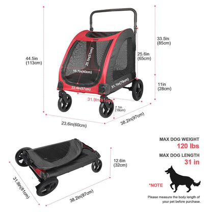 Large Dog Travel Stroller with 4 Heavy Duty Wheels Pet Stroller with Adjustable Handle - Double Doggie Capacity Jogger Wagon with Back Front Door for Small Medium Large Dogs (Red-Black) - Pawvie