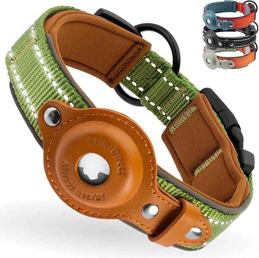 CollarDirect Airtag Dog Collar Reflective Nylon Neoprene Leather Holder for Apple Air Tag for Large, Medium, and Small Dogs (Green, S, 12-14.5 Inch)
