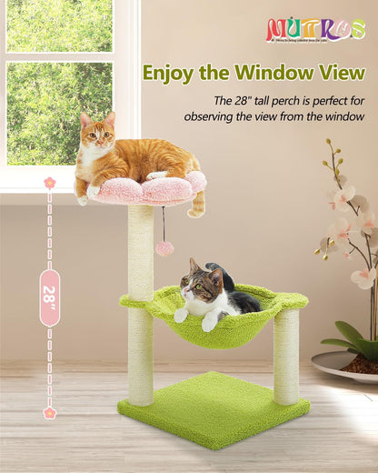 Flower Cat Tree, 28" Cat Tower with Cozy Flower Perch, Large Hammock for Indoor Small Cats, Cute Cat Tree with Sisal Scratching Post and Fur Toy Ball for Kittens, Pink