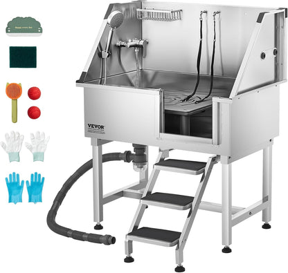 VEVOR Stainless Steel Dog Washing Station, 38 inch Pet Grooming Tub w/Storage Stairs, Faucet & Showerhead & Soap Holder Dog Bathtub for Medium & Small Pets (Right Door)