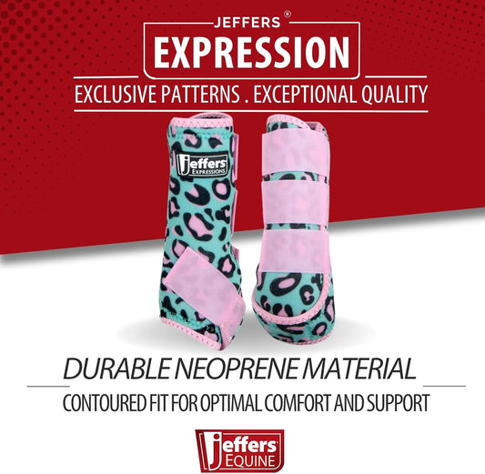 Jeffers Expression Protective Horse Boots 1 Pair, Party Cheetah, Large - Safe Neoprene Leg Guards, Comfortable Fit, Durable Strap Closures, Front & Hind Support, Accessories for Travel & Riding