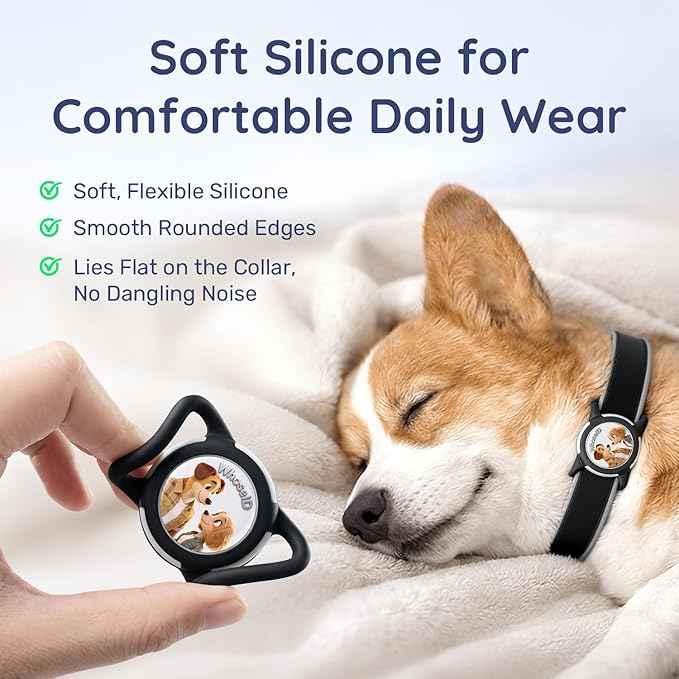 Dog AirTag Holder for Dog Collar, Soft Silicone Slide-On Case for Apple AirTag, No-Dangle Quiet Protective Holder with Eye-Catching Pet Character Designs, Black-Pawsome Pair