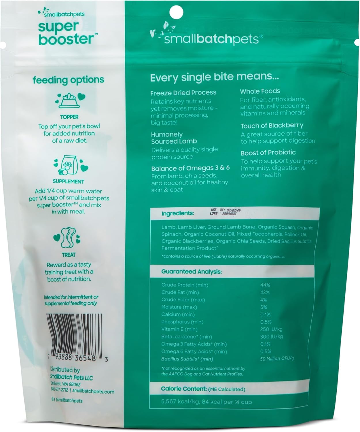 smallbatch Freeze Dried Dog Treats, Superfood Food Topper Lamb Bites for Dogs & Cats, Probiotics, Organic Ingredients, High Protein, Grain Free Healthy Treat or Food Topper, Made in The USA, 7 oz Bag