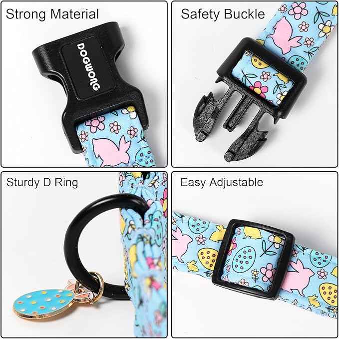 DOGWONG Easter Dog Collar-Cute Blue Easter Bunny Dog Collar, Easter Egg &Rabbit Pet Collars Puppy Collar Gifts with Quick Release Buckle for Girl&Boy Dogs,XL