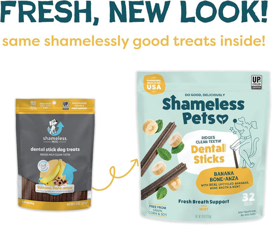 Shameless Pets Dental Treats for Dogs, Banana Bone-Anza (32 Sticks) - Supports Hip & Joint for Teeth Cleaning & Fresh Breath - Dog Bones Dental Chews Free from Grain, Corn & Soy