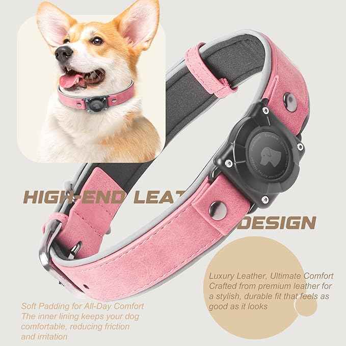 Leather AirTag Dog Collar, Waterproof Dog Collar with Air Tag Holder, Compatible with Apple Air Tag, Reflective, Durable, Comfortable Padded GPS Dogs Collars (Pink, M)