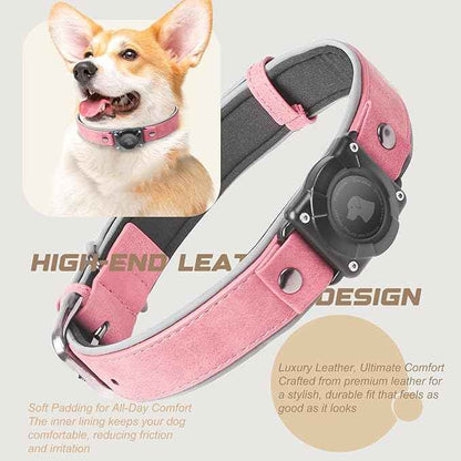 Leather AirTag Dog Collar, Waterproof Dog Collar with Air Tag Holder, Compatible with Apple Air Tag, Reflective, Durable, Comfortable Padded GPS Dogs Collars (Pink, M)