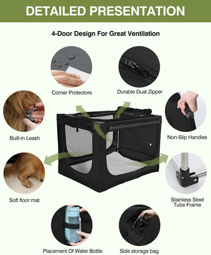 36-Inch Collapsible Travel Dog Crate, Portable 4-Door Soft Kennel for Medium to Large Dogs, Durable Mesh Windows, Indoor/Outdoor Use, Foldable, with Storage Bag (Black)