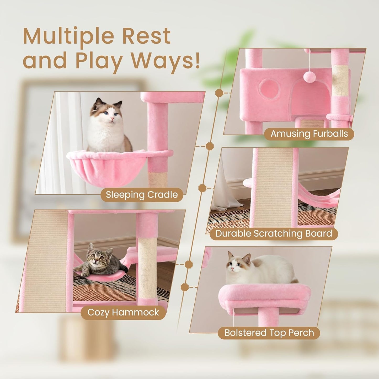 SHA CERLIN 65in Larger Cat Tree Tower Condo for Indoor Kitties/Multi-Level Furniture Activity Center with Wide Base/Cozy Plush Cat Perches/Baskets/Sisal Scratching Posts and Hammock/Pink
