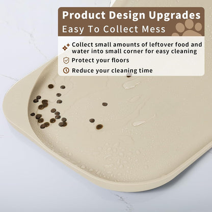 Silicone Pet Feeding Mat with Raised Edge & Residue Collection Pocket for Food and Water, Dog Bowl Mats, Cat Bowls Placemat with High Lip for Floor Waterproof, 19 x 12 x 0.7 White Sand