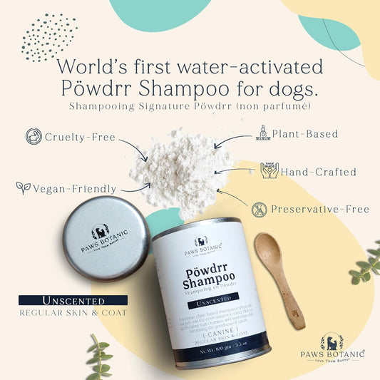 Unscented Dog Dry Shampoo, Powder Shampoo for Dogs, Regular Skin & Coat, 3.5 oz with Bamboo Spoon