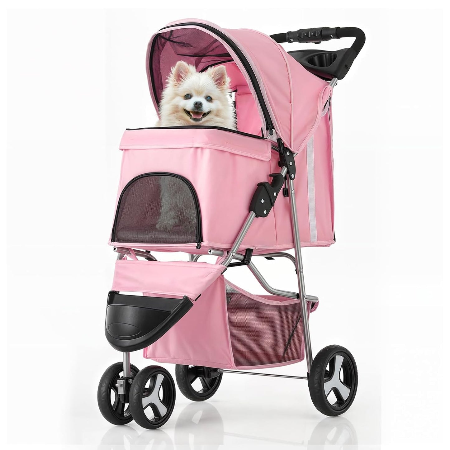 MoNiBloom 3-Wheels Foldable Pet Stroller with Waterproof Cover, Pet Strolling Cart for Small/Medium Dogs and Cats with Storage Basket and Cup Holder, Breathable and Visible Mesh for All-Season, Pink - Pawvie
