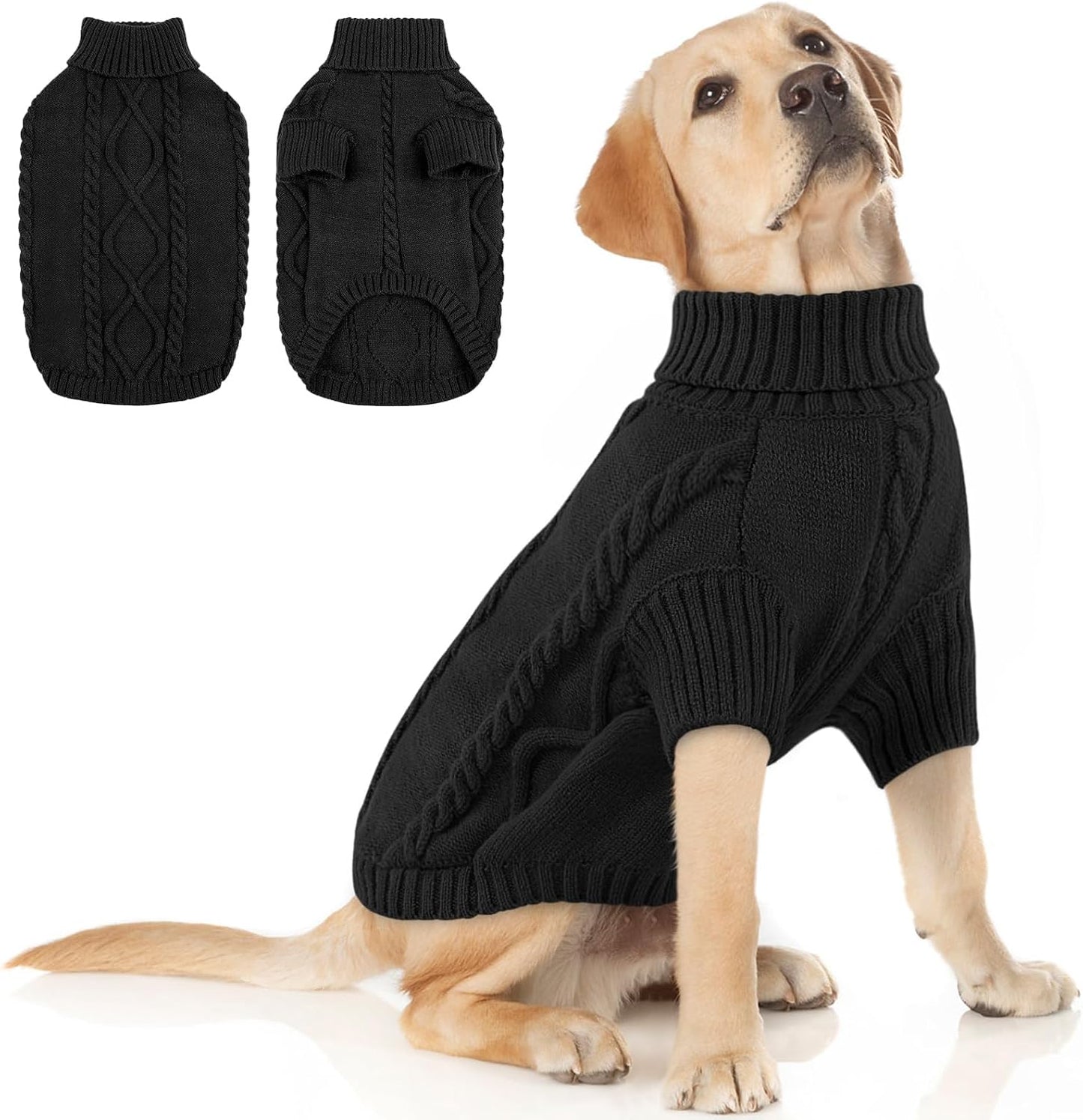 Queenmore Dog Sweater Large Size,Warm Dog Sweaters for Big Dogs,Chunky Knitted Doggy Sweater for Extra Large Dogs Boy Girl, Big Doggie Turtleneck Winter Outfit (Black,2XL)