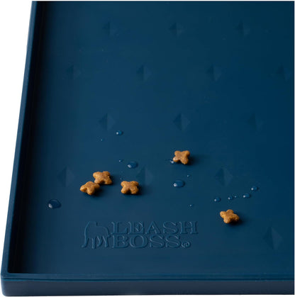 Leash Boss Dog Food Mat for Food and Water Bowls, Waterproof Silicone Pet Feeding Mat for Floors, Extra Tall Raised Edges, Cat and Dog Placemat for Floors, Dishwasher Safe (XL: 25" x 17" - Navy)