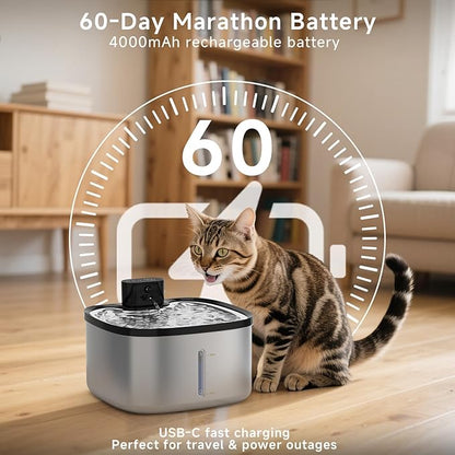 Wireless Cat Water Fountain Stainless Steel, 118oz/3.5L Cordless Automatic Pet Water Dispenser for Cats Indoor, with Motion Sensor, Ultra Quiet Pump, Rechargeable & Multi-Filtration-8Filters
