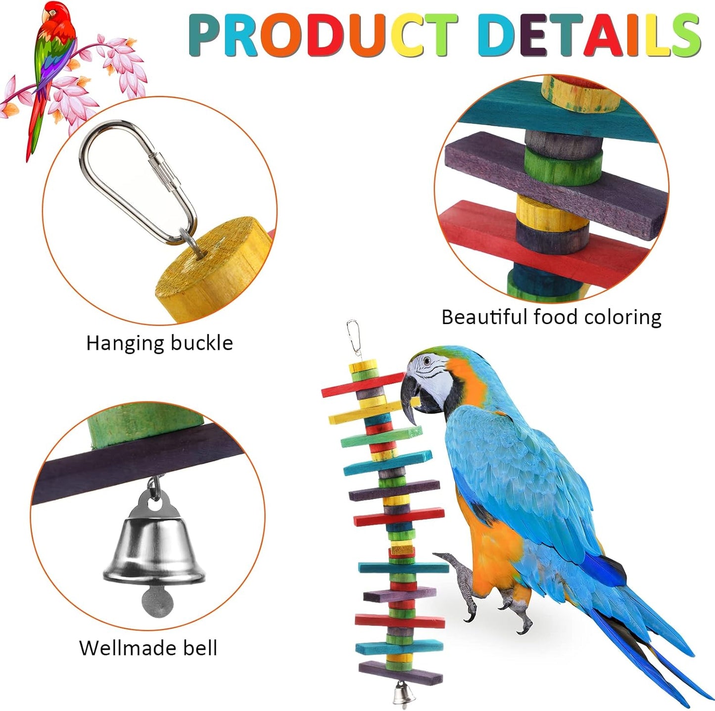 JaGely 4 Pcs Bird Parrot Toys with Multicolored Natural Wood Blocks, Bird Chew Toys for Large Medium Parrots Macaws Lovebirds Doves Cockatiels Conures Parakeets Chewing Biting Foraging, 2 Designs