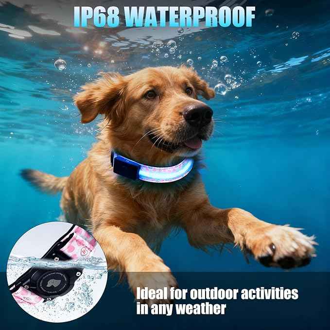 LED AirTag Dog Collar - Brightest Light Up Dog Collars - IP68 Waterproof Air Tag Dog Collar Holder - 1,600 Feet of High Visibility - Magnetic Charging - Dog Lights for Night Walking (Heart, XL)