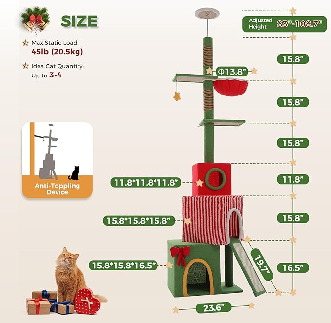 PEQULTI 83-108'' Floor to Ceiling Cat Tree for Large Adult Cats, Christmas Cat Tower with Adjustable Height with 3 Large Condos, Plush Hammock, Thick Scratching Posts, Red/Green