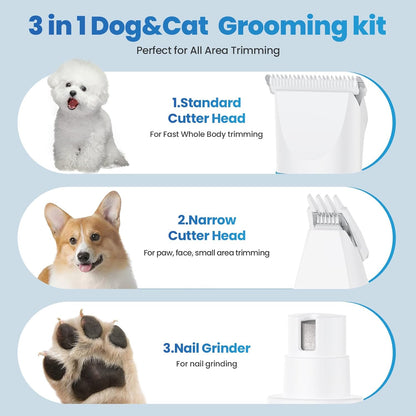 3-in-1 Dog & Cat Grooming Kit - Rechargeable Cordless Pet Hair Clippers with Nail Grinder & Paw Trimmer & 5 Guide Combs, Low Noise Dog Clippers for Grooming Small Medium Pets