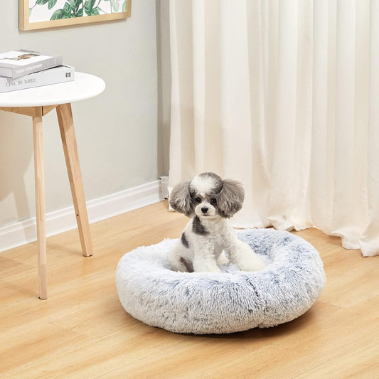 Bedfolks Calming Donut Dog Bed, 23 Inches Round Fluffy Dog Beds for Small Dogs, Machine Washable Anti-Anxiety Plush Puppy Bed(Light Blue, Small)