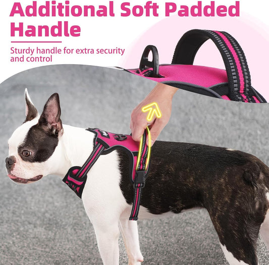 PUPTECK No Pull Dog Harness for Large, Adjustable Reflective Dog Harness with Handle Easy Control, Comfortable Soft Padded Pet Vest Harness for Large Dogs, Fuschia L